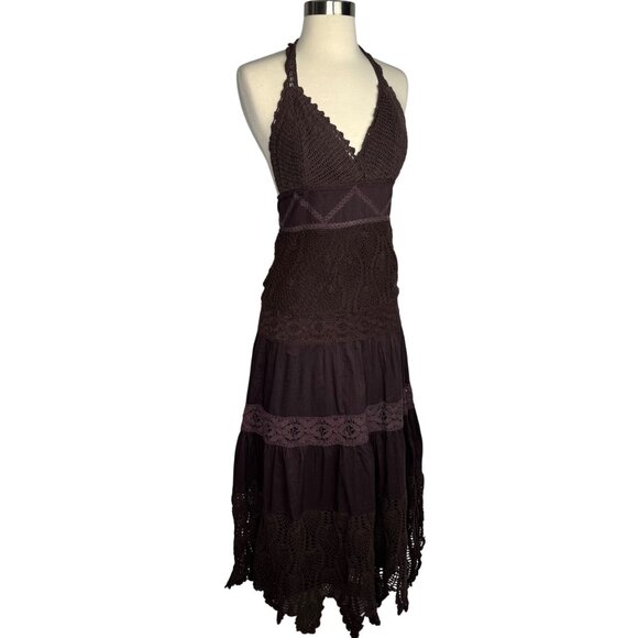 VTG XOXO‎ Brown Crochet Baby Doll Maxi Dress Whimsigoth Dark Fairy 100% Cotton - Picture 12 of 12